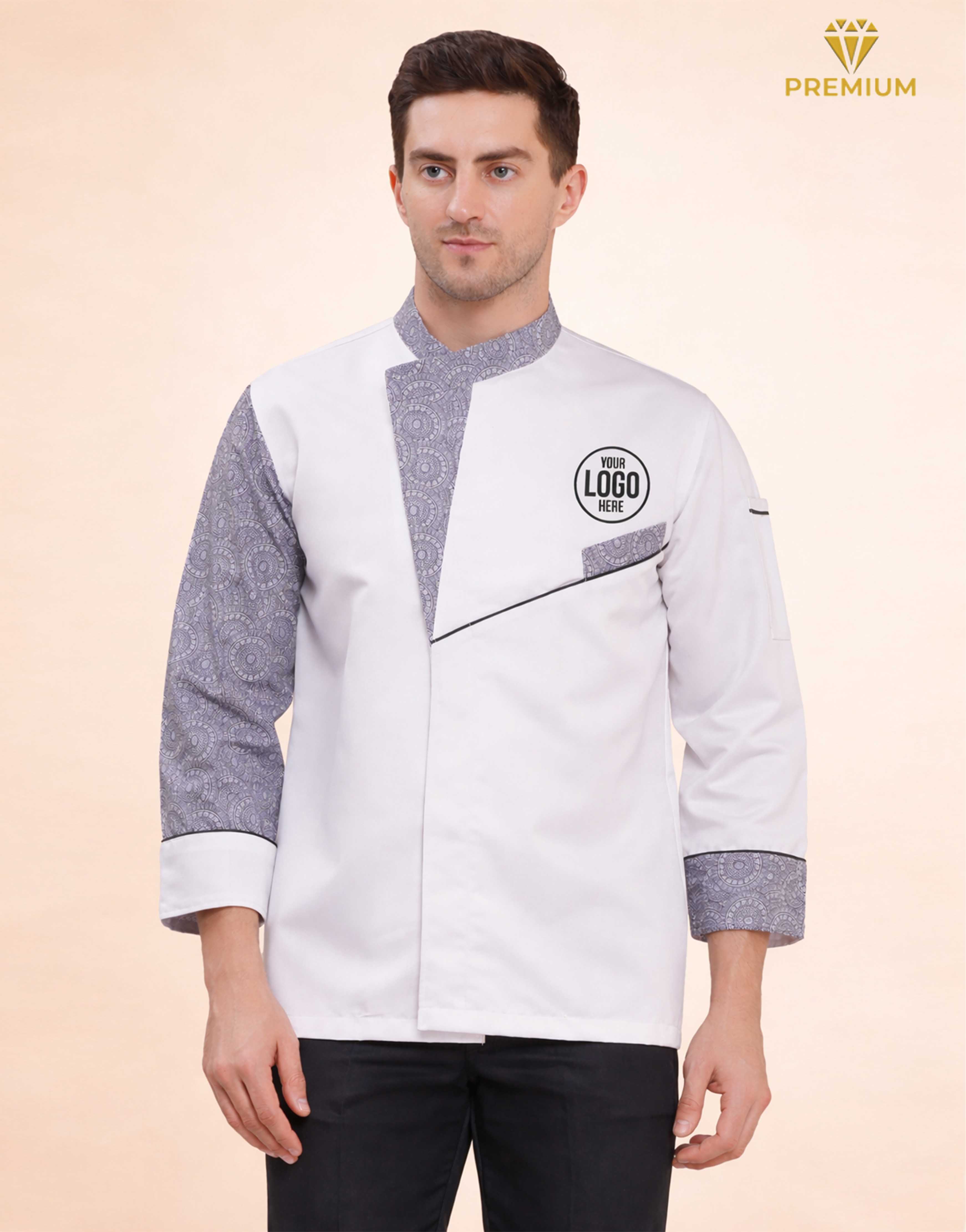 premium white designer chef coat with paisley printed trim view 1