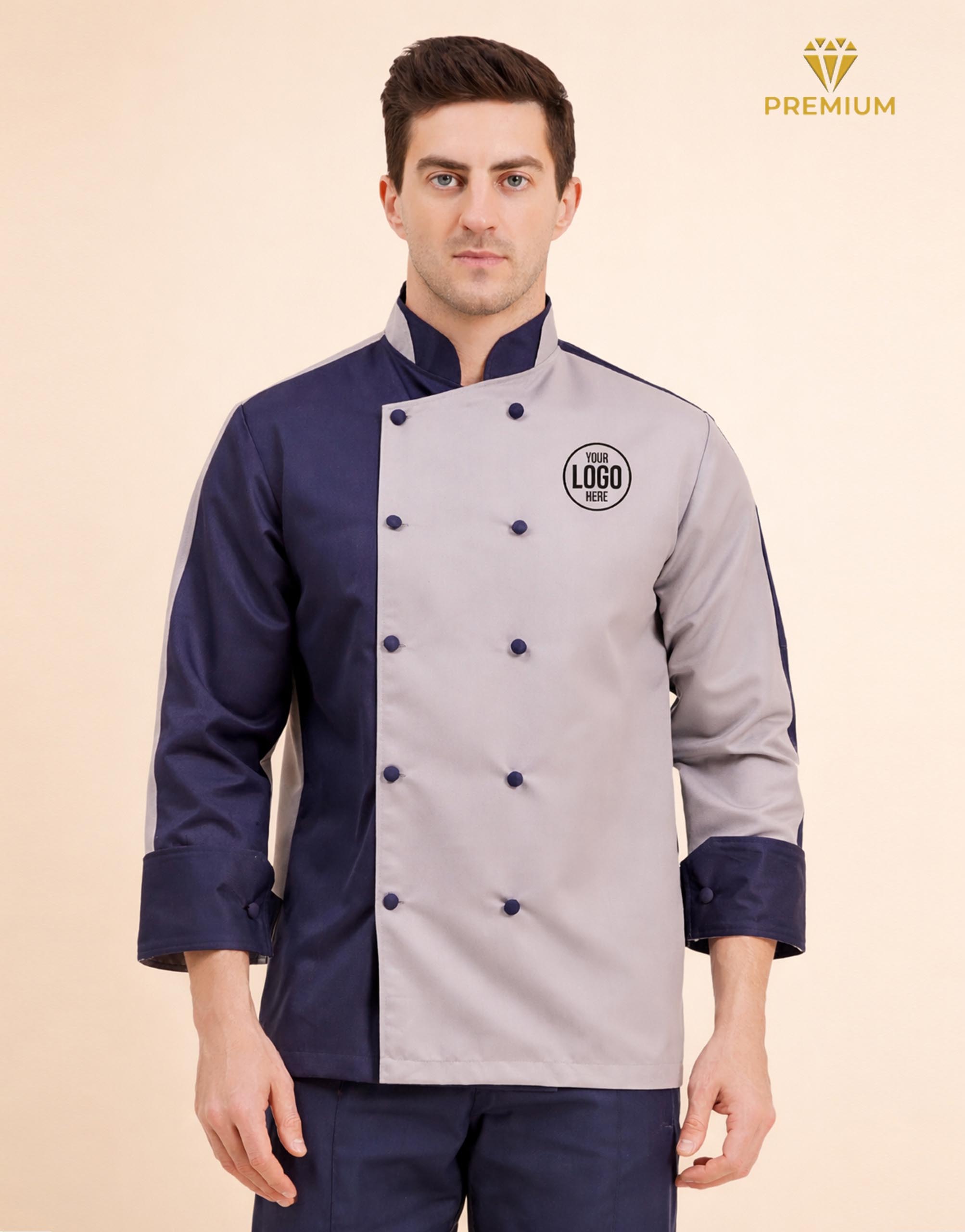 stylish male chef coat with 3/4 sleeve & two color collar view 1