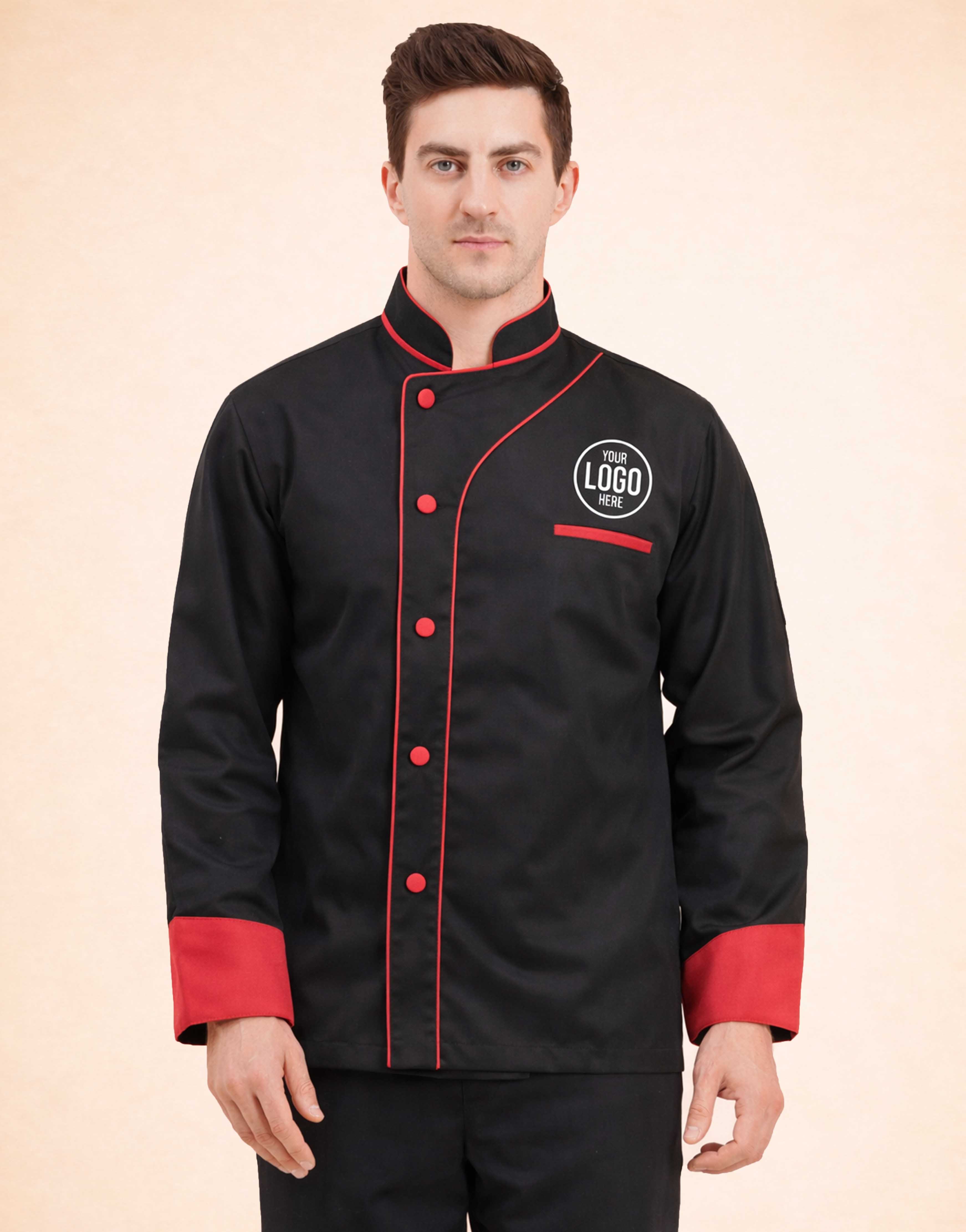 male black designer chef coat with red front piping & red cuff view 1