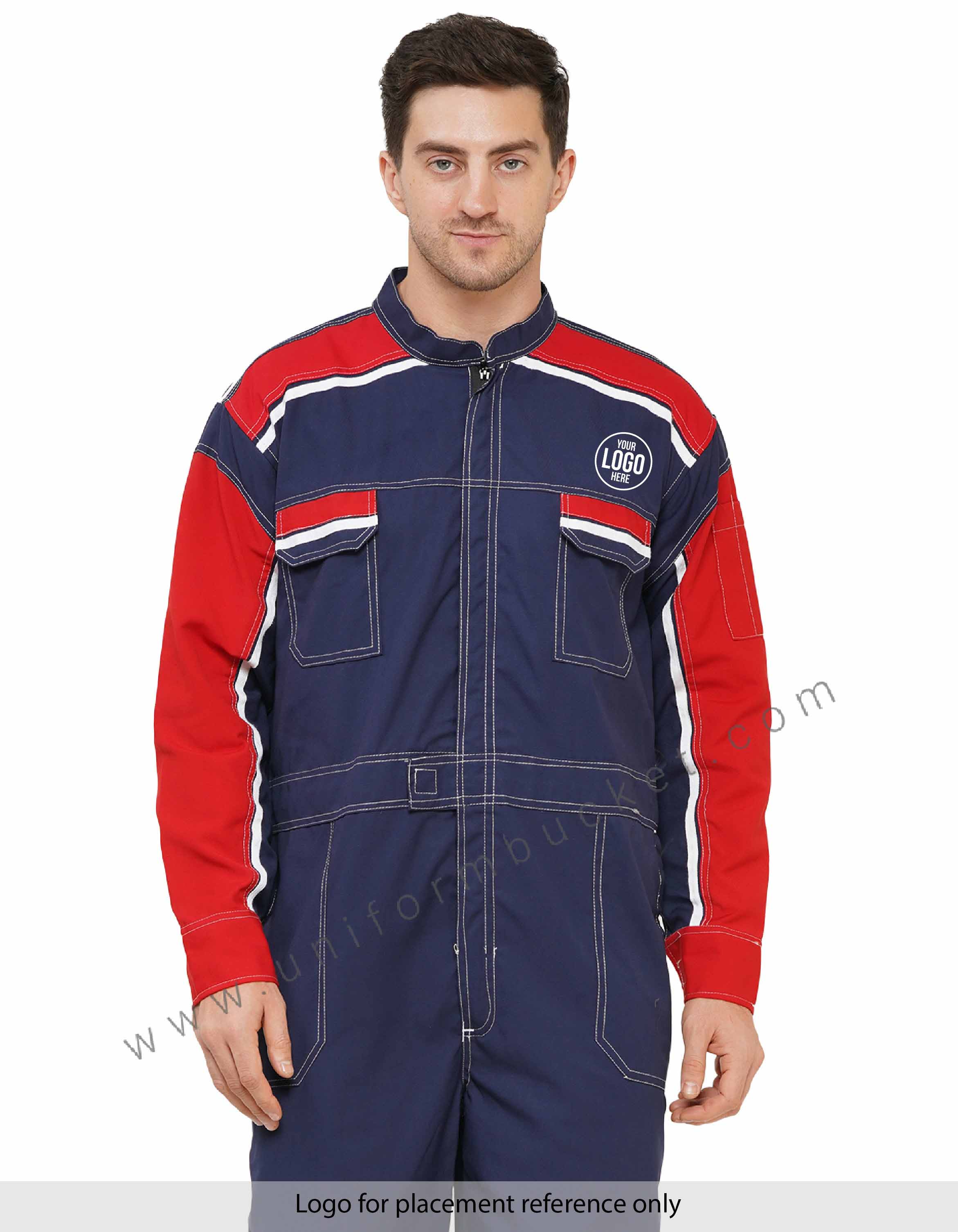 Ink Blue Dungaree with red & white Contrast & overall upper double stitch view 1