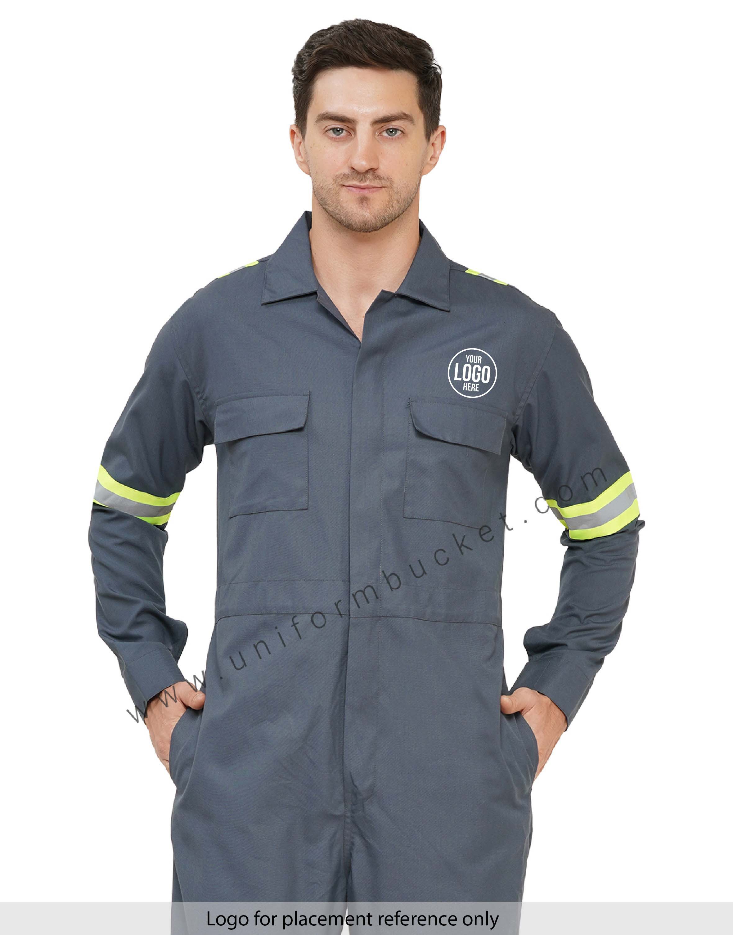 Dark Grey Dungaree Two Pocket with Flap & High Visibility Tape view 1