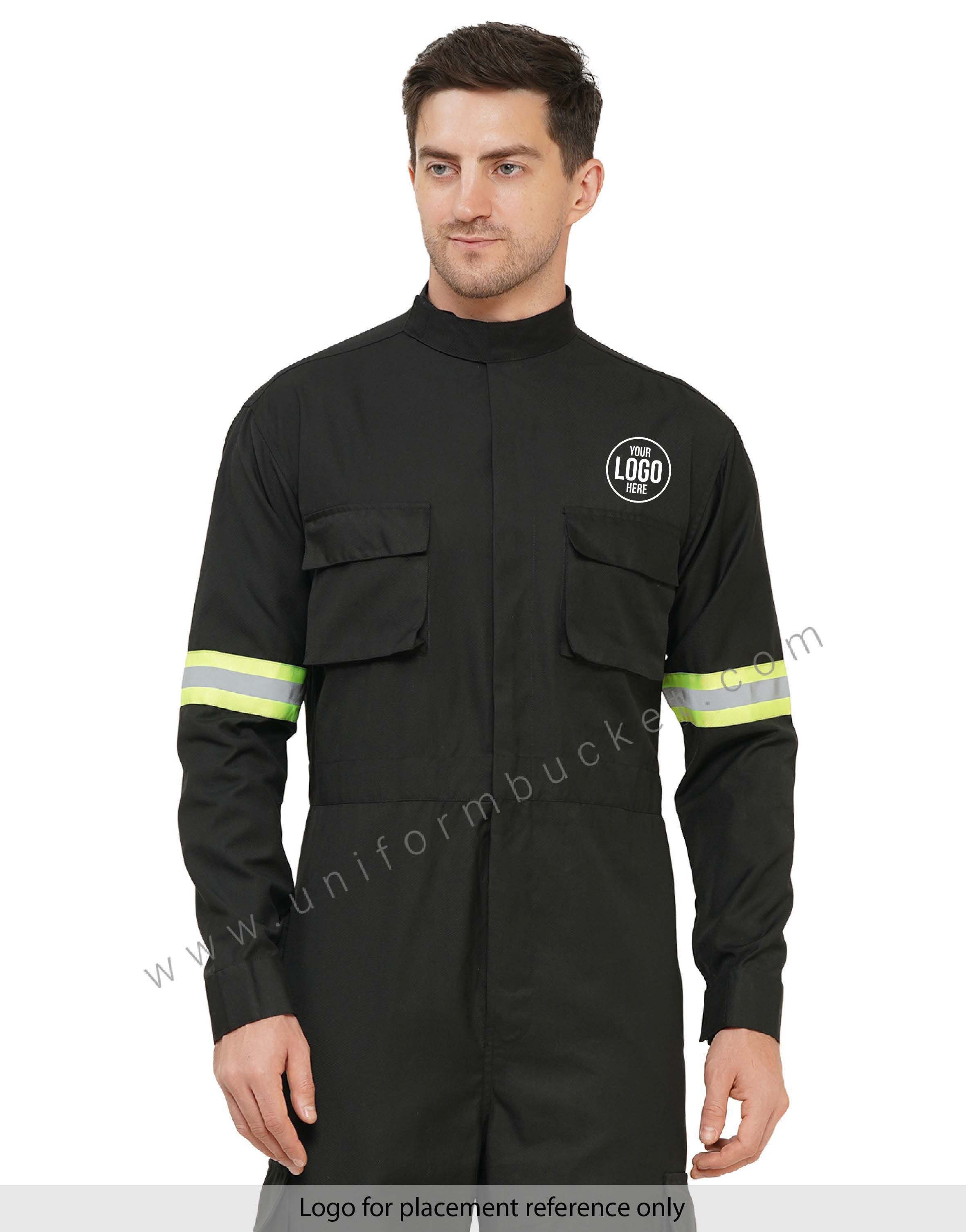 Ban Collar Black Dungaree Two Pocket with Flap & High Visibility Tape view 1