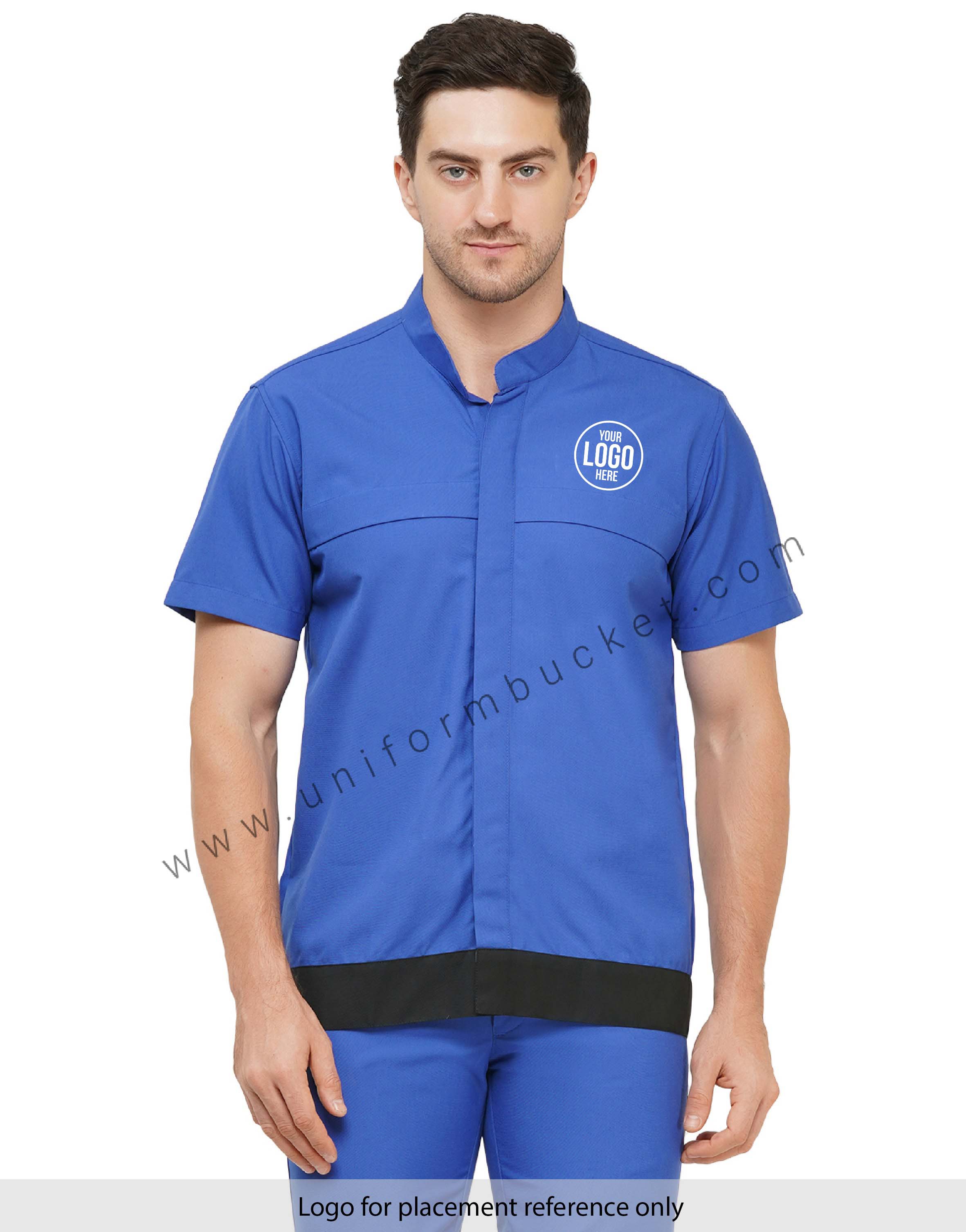 ROYAL BLUE WORKWEAR HIDDEN PLACKET BAN COLLAR MALE SHIRT WITH BLACK BELT view 1