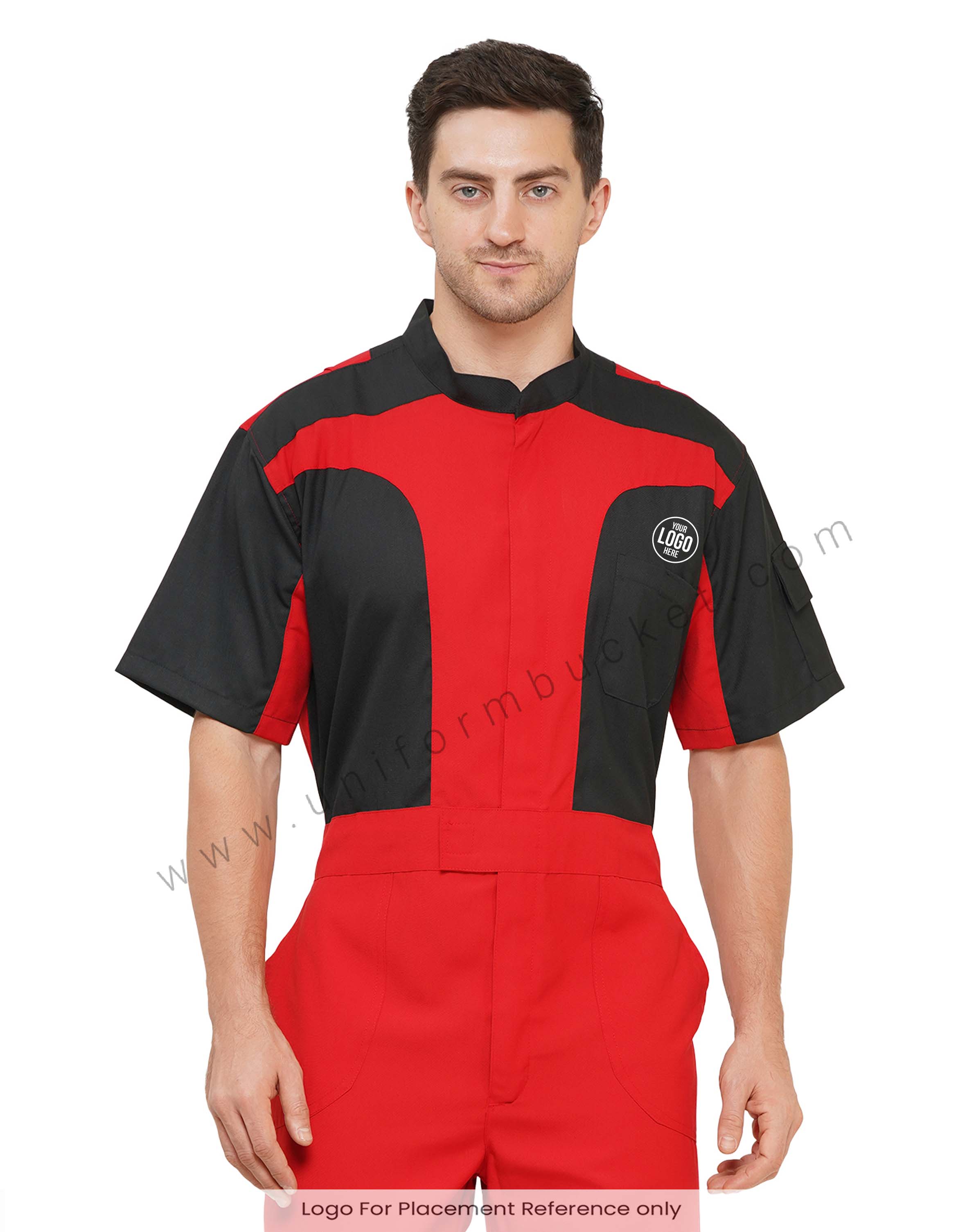 Red Designer Dungaree With Black Trim with Half Sleeve With Pocket view 1