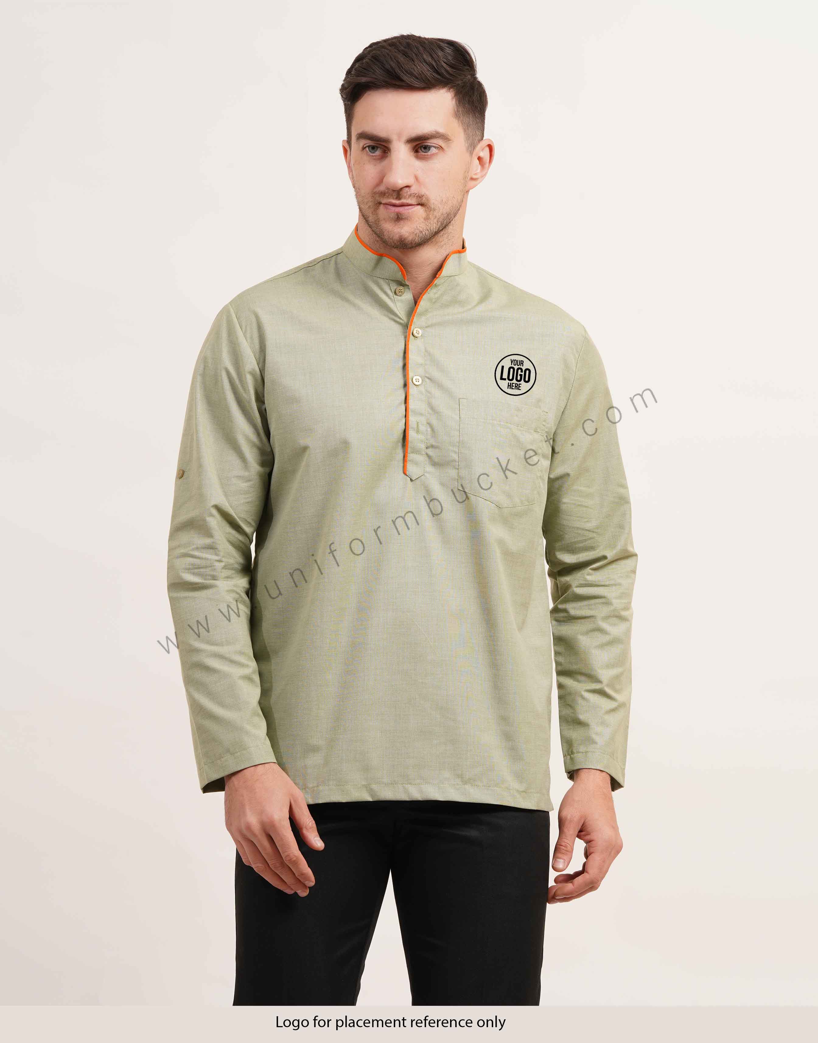 Sage green short male kurta with full sleeve view 1