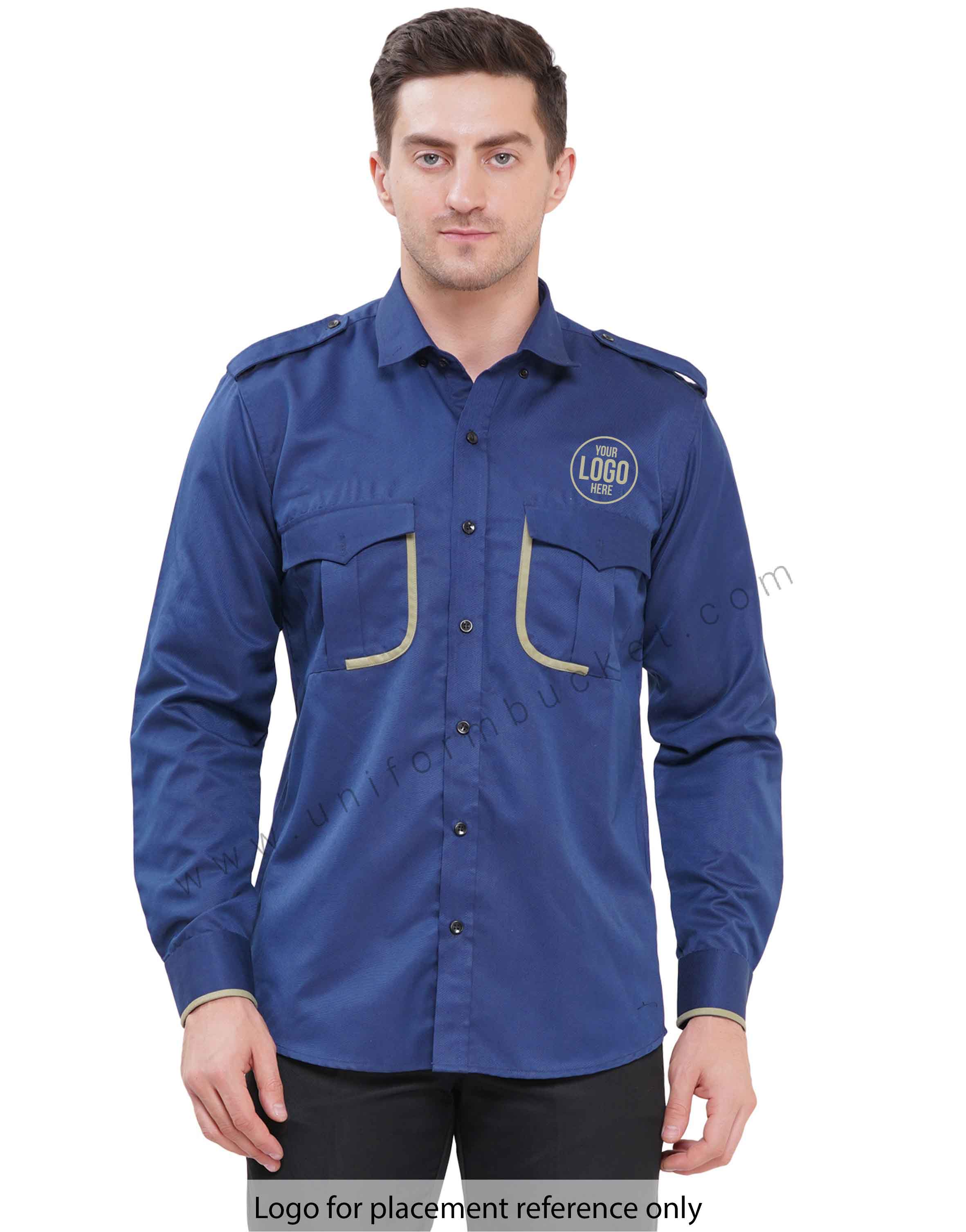 MALE RM BLUE WORKWEAR SHIRT &  TWO POCKET WITH FLAP &  PISTA GREEN TRIM view 1