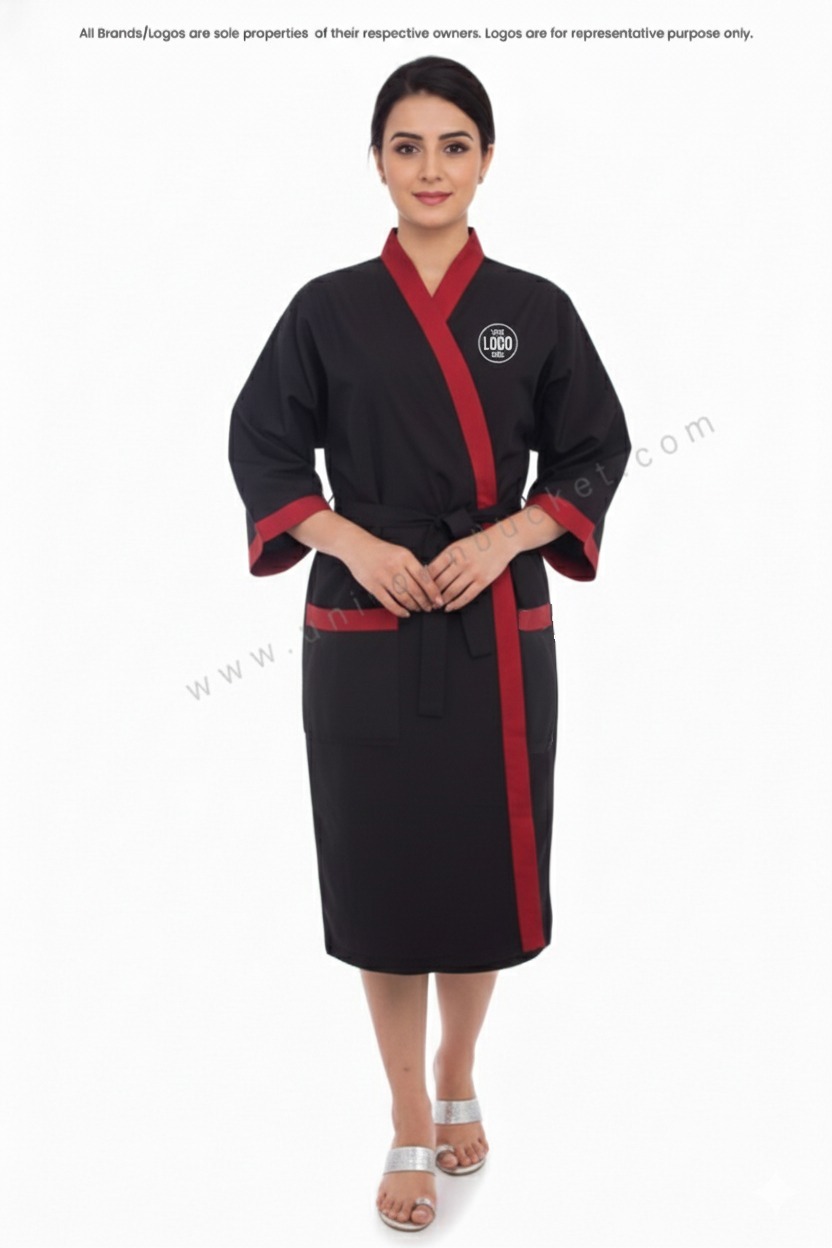 PREMIUM BLACK SLIMMING GOWN WITH RED PIPING view 1