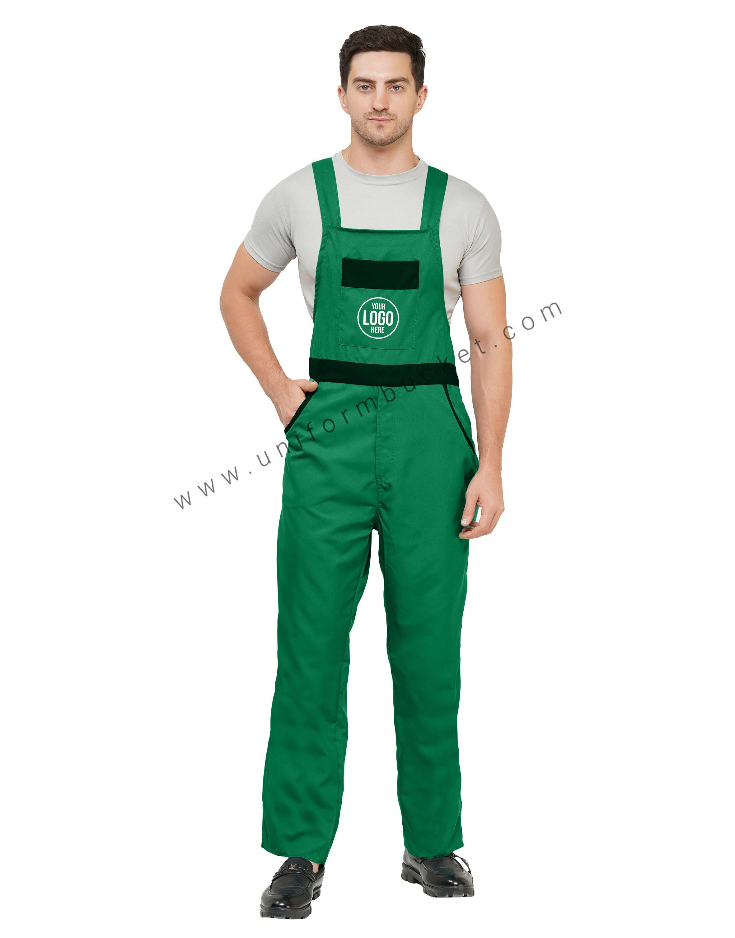 Green Adjustable Button Stripes Dungaree with Black belt & pocket flap view 1