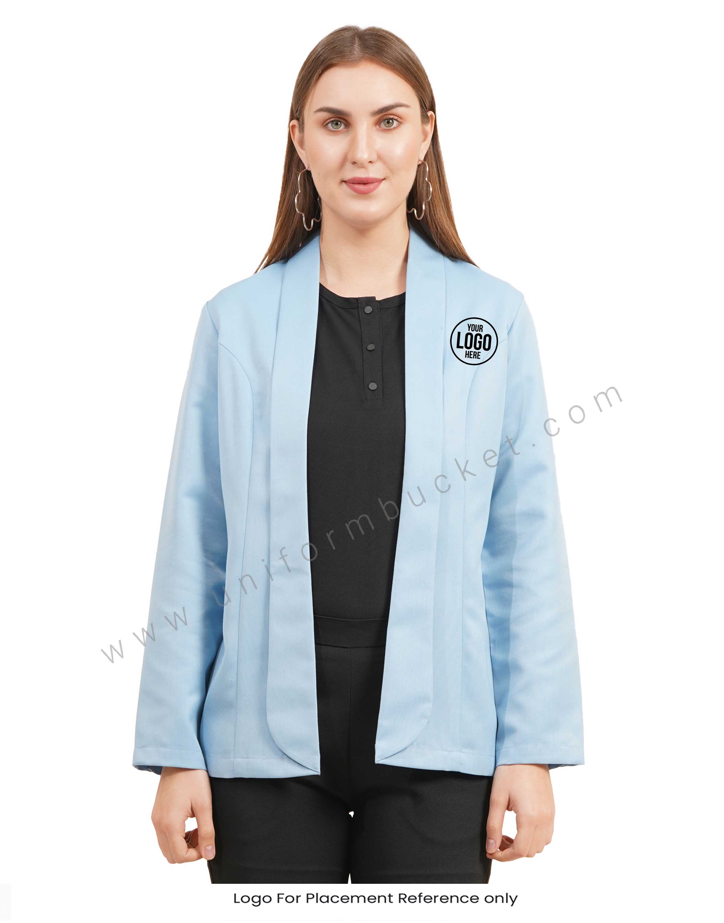 Light Blue Front Open blazer with Shawl collar for female view 1