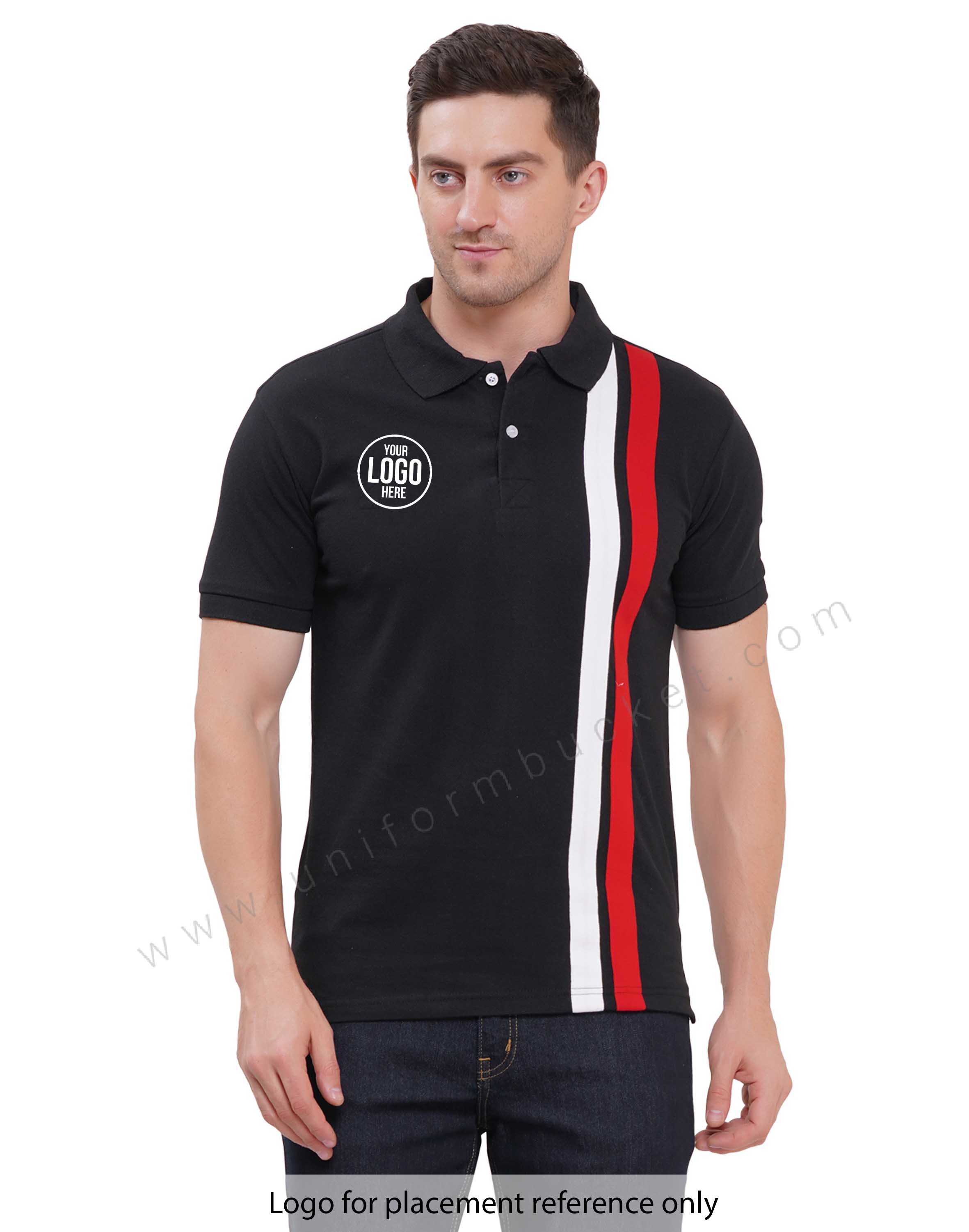 black t-shirt with red & white trim view 1
