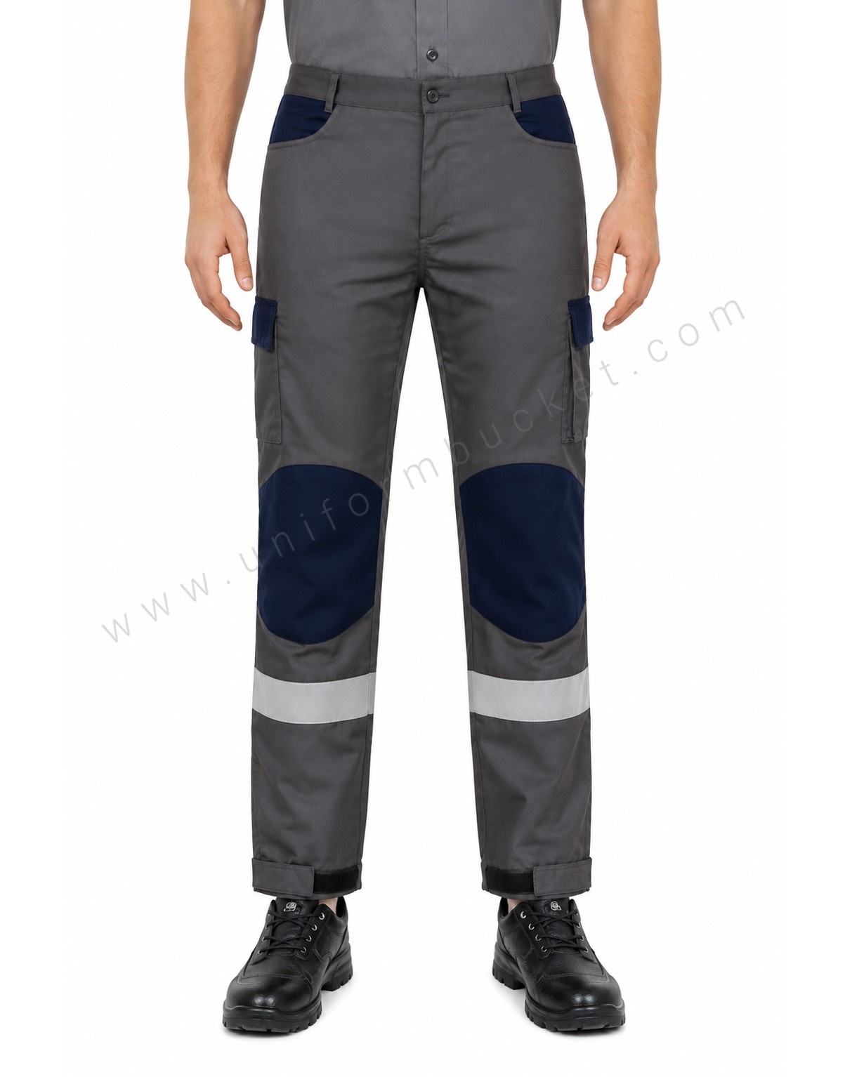 Male Workwear Grey Cargo Trouser With Navy Blue Panels view 1