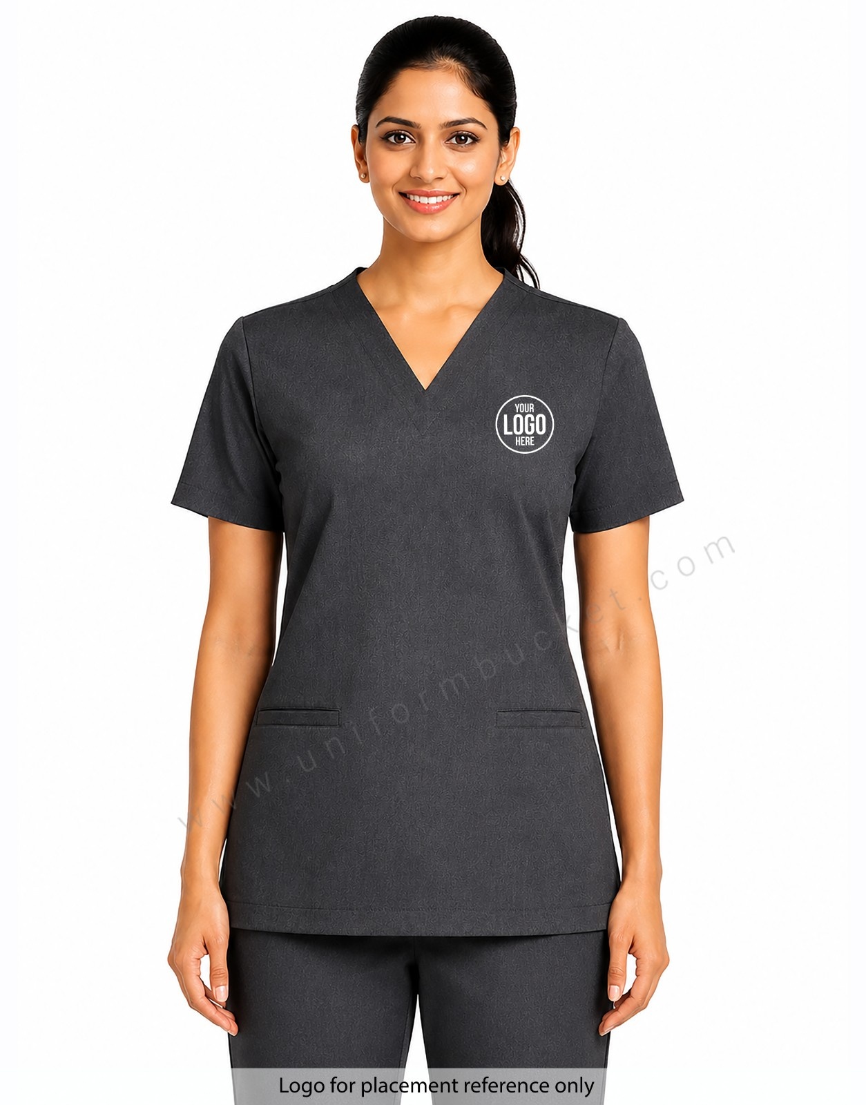 DARK GREY FEMALE SCRUB SUIT WITH TWO CUT POCKET ON BOTTOM  view 1