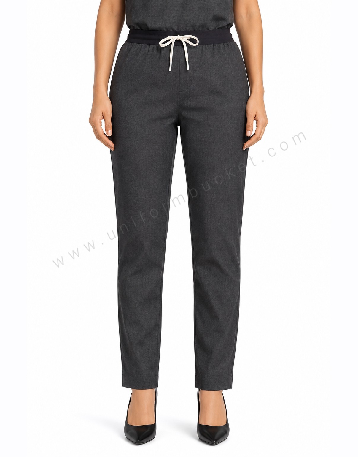 dark grey female full elastic trouser with back pocket view 1