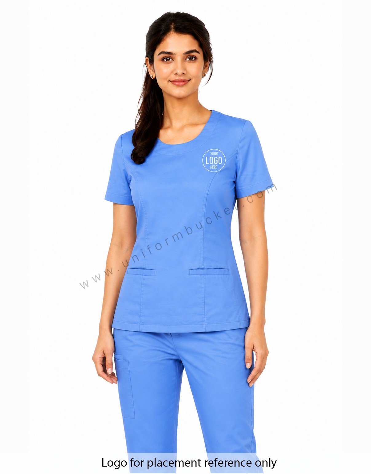 sky blue round neck princess cut line top with front two cut pocket view 1