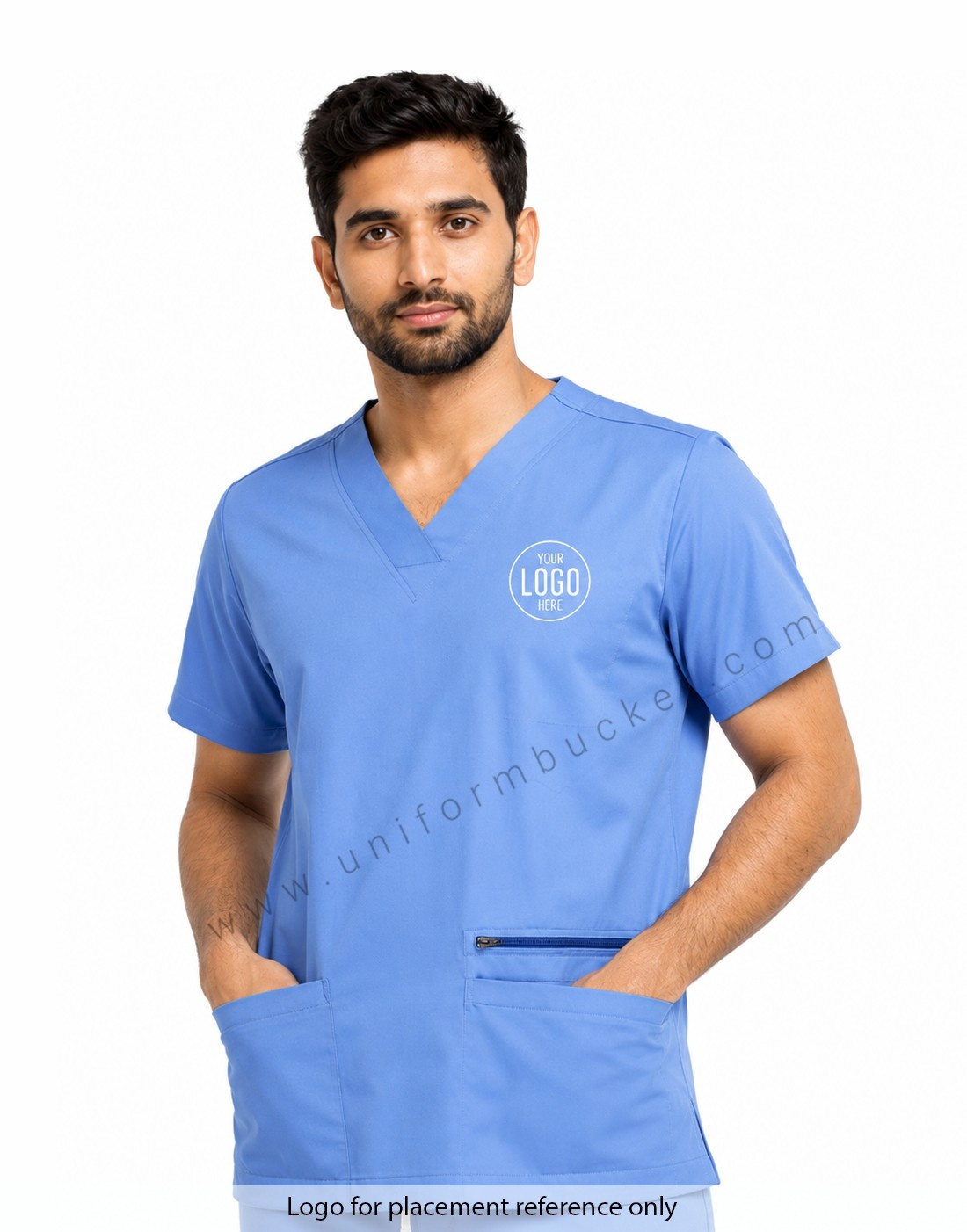 SKY BLUE MALE SCRUB SUIT WITH FRONT BOTH SIDE TWO POCKET & ONE SIDE ZIP POCKET view 1