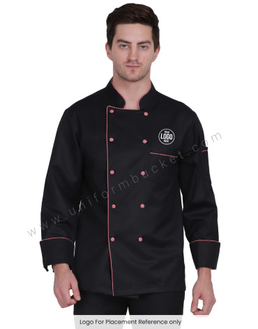 Black Chef Coat with Red Check Piping view 1