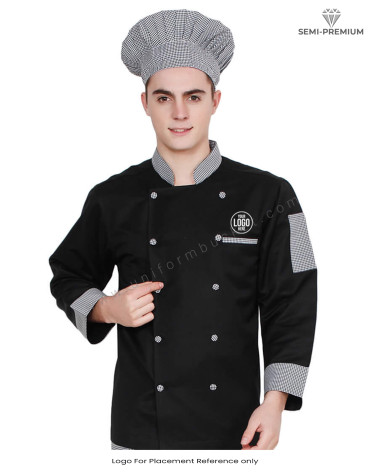 Black Double Breasted Chef Coat with Check Pattern view 1