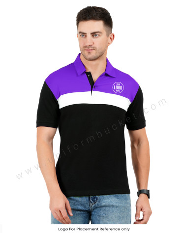 Black polo T-shirt with purple and white color blocking view 1