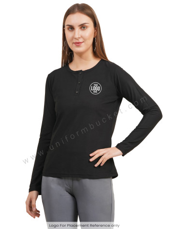 black round neck with button down placket female t-shirt view 1