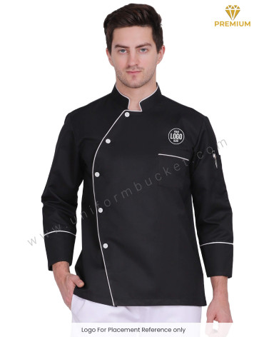 Black Stylish Chef Coat With White side cross Piping view 1