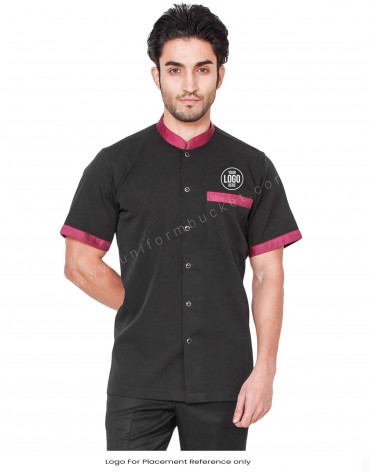 Ban Collar Black Shirt With Maroon Trims view 1