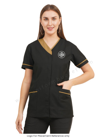 Black V-Neck Salon Tunic with Contrast Khaki Trim for female view 1