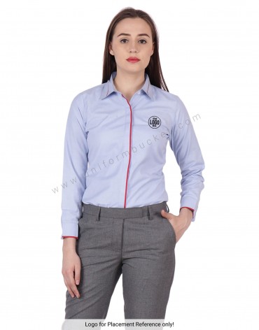 Blue Fil a Fil Shirt With Red Piping view 1