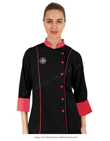 Black Chef Coat With Cherry Red Trim For Women view 1