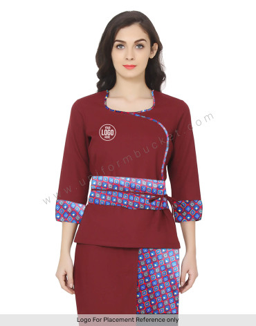 Cross Neck Spa Uniform Maroon Top view 1