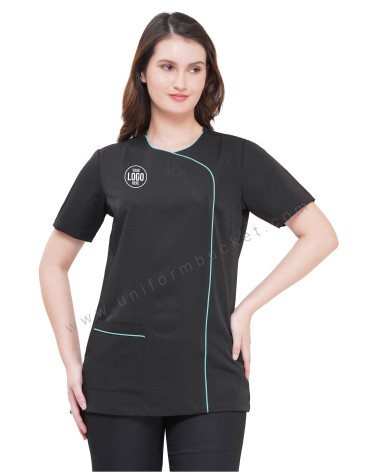 FEMALE BLACK ONE SIDE SEA GREEN PIPING TUNIC WITH RIGHT SIDE POCKET view 1