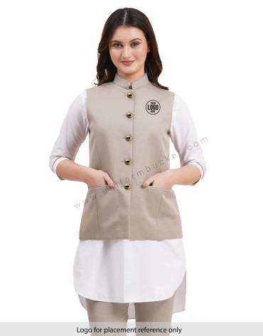 female khaki nehru jacket with golden one eye button view 1