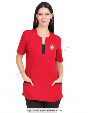 FEMALE RED TOP WITH BLACK NECK STRIPE view 1