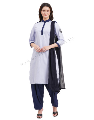 female Security Guard blue & white lining kurti with navy blue dupatta & salwar view 1