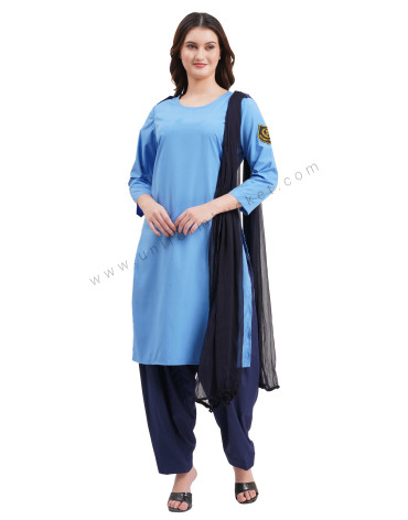 female Security Guard round neck blue kurti with navy blue dupatta & slawar view 1