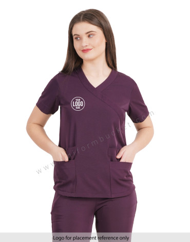 female v neck wine color top with front two joint pocket view 1
