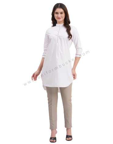 female white kurti with  beige piping on sleeve & placket view 1