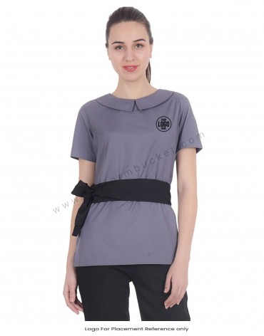Peter Pan Neck Grey Top With Knotted Belt view 1