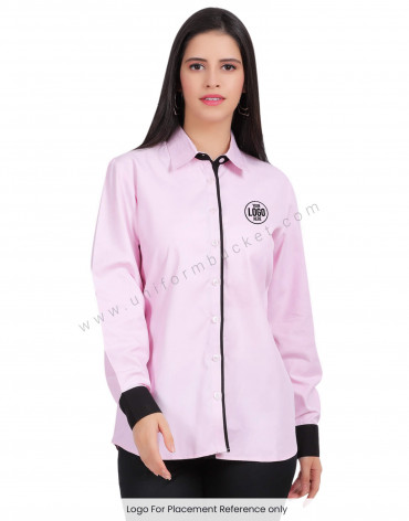 LIGHT PINK FEMALE SHIRT WITH BLACK PIPING & BLACK CUFF view 1