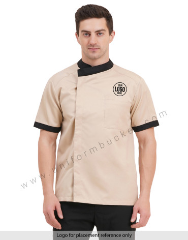 male beige & black chef jacket with hidden buttons view 1