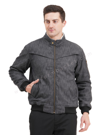 male black denim jacket with front cross pleat & front zip view 1