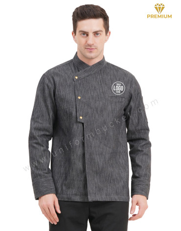 Male black denim stylish  chef coat with chest cut pocket view 1