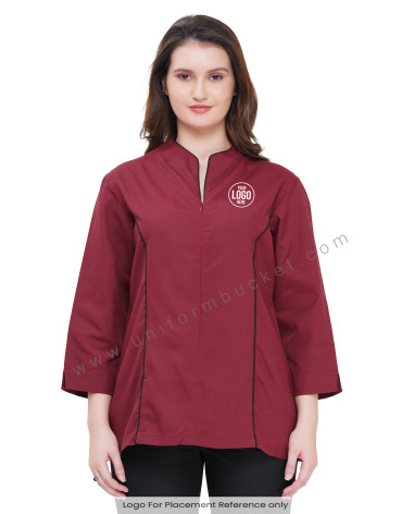 MAROON FEMALE TOP WITH FRONT BLACK PIPING & ZIP view 1
