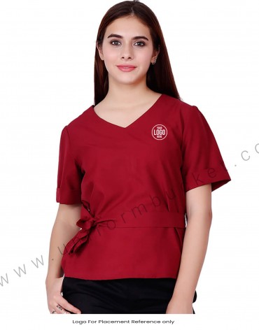 V Neck Maroon Uniform Top With Belt view 1