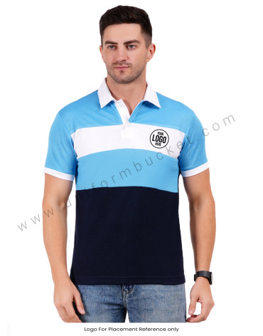 Navy blue polo with light blue and white color blocking view 1