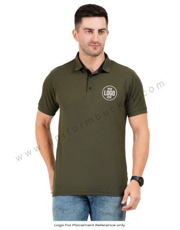 Army green polo T-shirt with black trim detailing view 1