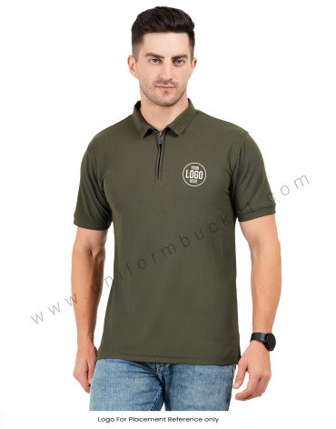 Army green zipper polo T-shirt view 1