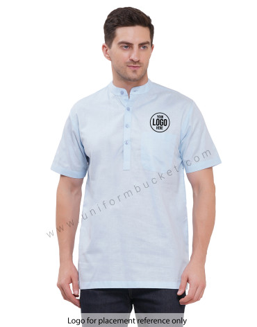 Sky Blue Linen Short male kurta with half sleeve & one patch pocket view 1