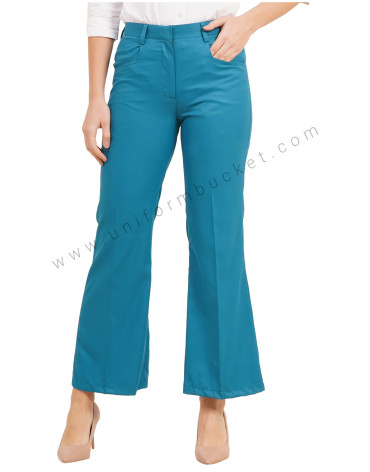 Teal Blue Bell Bottom trouser with closed pant pocket view 1