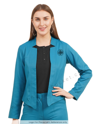 V Notch Collar minimalist short teal blue blazer view 1