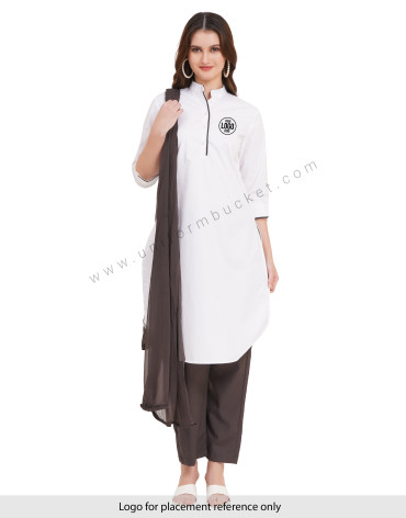 white long kurti with grey piping on placket & 3/4 sleeve v cut for female curve bottom view 1
